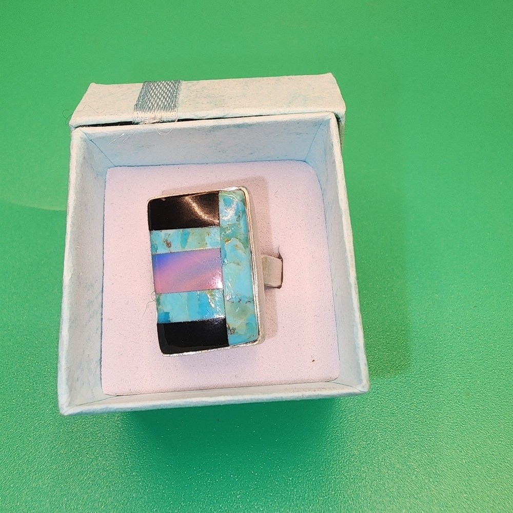 MULTI STONE INLAY BRUSHED SILVER RING
